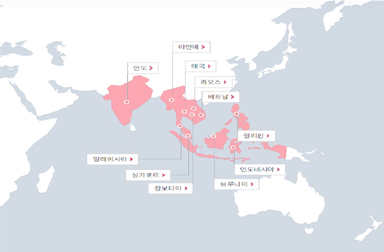미얀마, 태국, 라오스, 베트남, 필리핀, 인도네시아, 브루나이, 캄보디아, 싱가포르, 말레이시아, 인도 위치 지도 표기