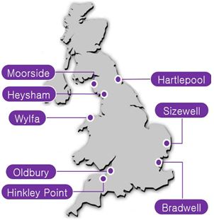 Moorside, Heysham, Wylfa, Oldbury, Hinkley Point, Harlepool, Sizewell, Bradwell 영국 지도 표시