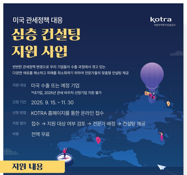 미국 관세정책 대응 심층 컨설팅 지원 사업 / 빈번한 관세정책 변경으로 우리 기업들이 수출 과정에서 겪고 있는 다양한 애로를 해소하고 피해를 최소화하기 위하여 전문가들의 맞춤형 컨설팅 제공 / 지원대상: 미국 수출 또는 예정 기업 * 대기업, 2025년 관세 바우처 선정기업 지원 불가 / 신청기간: 2025.9.15~11.30 / 신청방법 KOTRA 홈페이지를 통한 온라인 접수