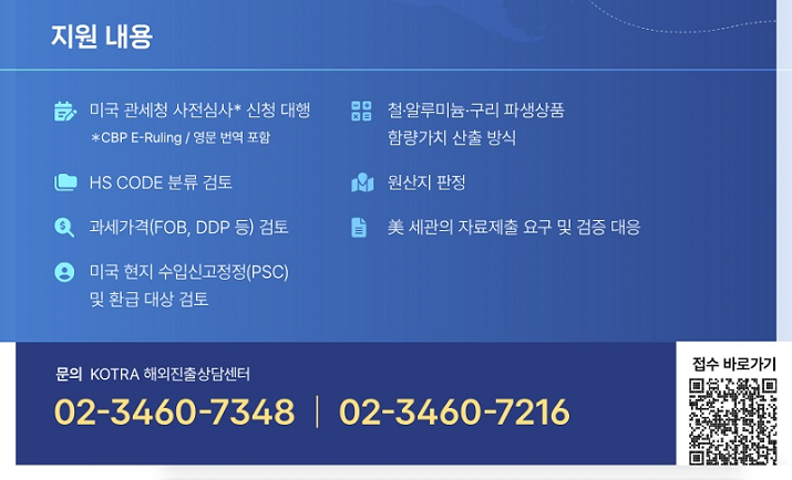 지원 내용 / 미국 관세청 사전심사 신청 대행(CBP E-Ruling/영문 번역 포함) / HS CODE 분류 검토 / 과세가격(FOB, DDP 등) 검토 / 미국 현지 수입신고정정(PSC) 및 환급 대상 검토 / 철&middot;알루미늄&middot;구리 파생상품 함량가치 산출 방식 / 원산지 판정 / 美 세관의 자료제출 요구 및 검증 대응 / 문의 KOTRA 해외진출상담센터 / 02-3460-7348 / 02-3460-7216